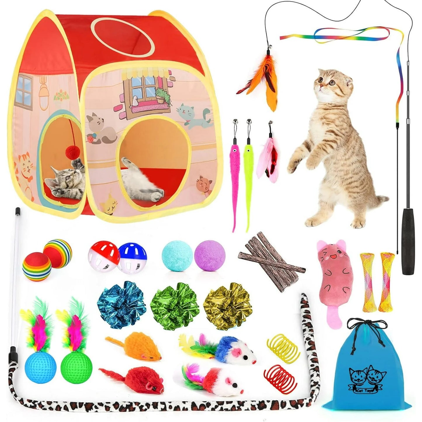 TAIMASI 34Pcs Cat Toys Kitten Toys, Interactive Kitty Toys with Collapsible Cat Tunnels Tent, Cat Wand Catnip Feather Teaser